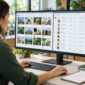 A data specialist reviewing image annotations and structured customer records on a monitor