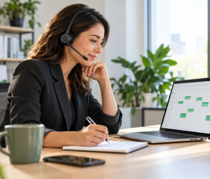 A headset-wearing appointment specialist reviewing a calendar and taking notes