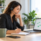 A headset-wearing appointment specialist reviewing a calendar and taking notes