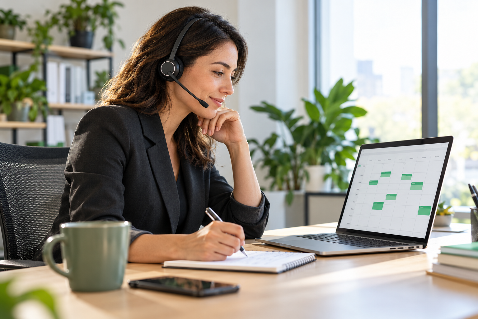 A headset-wearing appointment specialist reviewing a calendar and taking notes