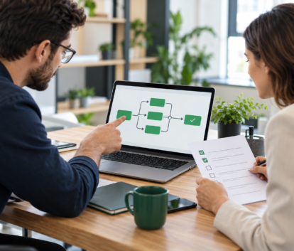 Two colleagues reviewing a simple workflow diagram and a checklist at a laptop