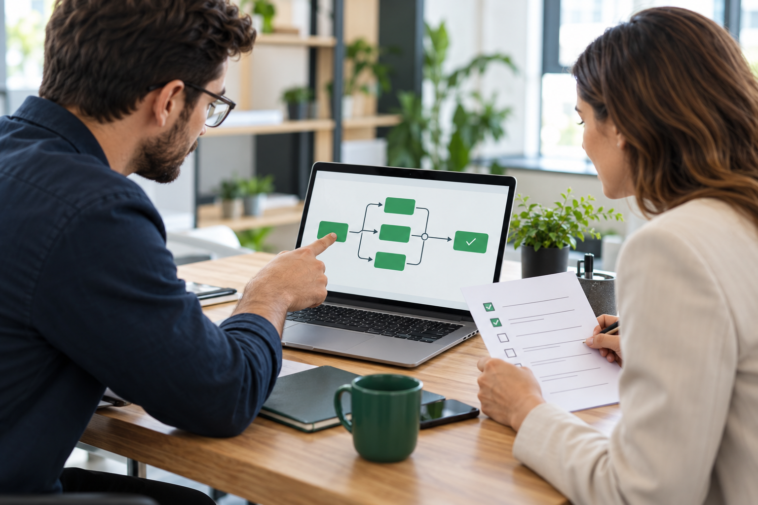 Two colleagues reviewing a simple workflow diagram and a checklist at a laptop