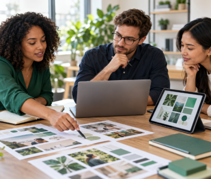 A marketing team coordinating campaign ideas with a laptop, tablet, and printed creative materials
