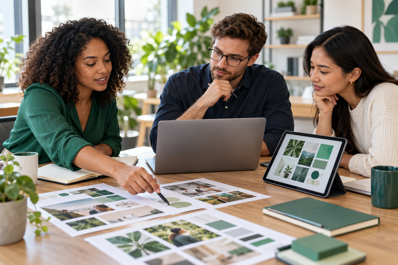 A marketing team coordinating campaign ideas with a laptop, tablet, and printed creative materials