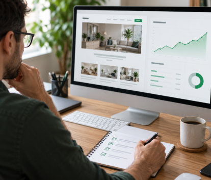 An SEO specialist reviewing a website preview, performance chart, and page checklist