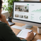 An SEO specialist reviewing a website preview, performance chart, and page checklist