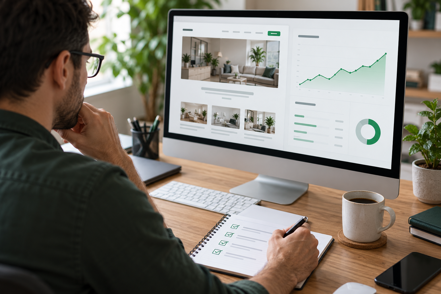 An SEO specialist reviewing a website preview, performance chart, and page checklist