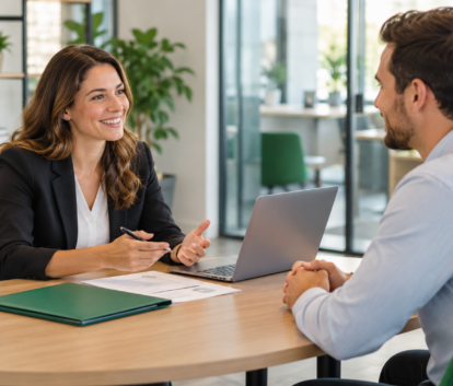 A recruiter and candidate having a professional conversation across an office table